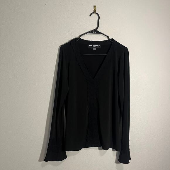Karl Langerfeld Black Lace Bell Sleeve Long Sleeve V-Neck Blouse - Size Medium - Picture 2 of 7